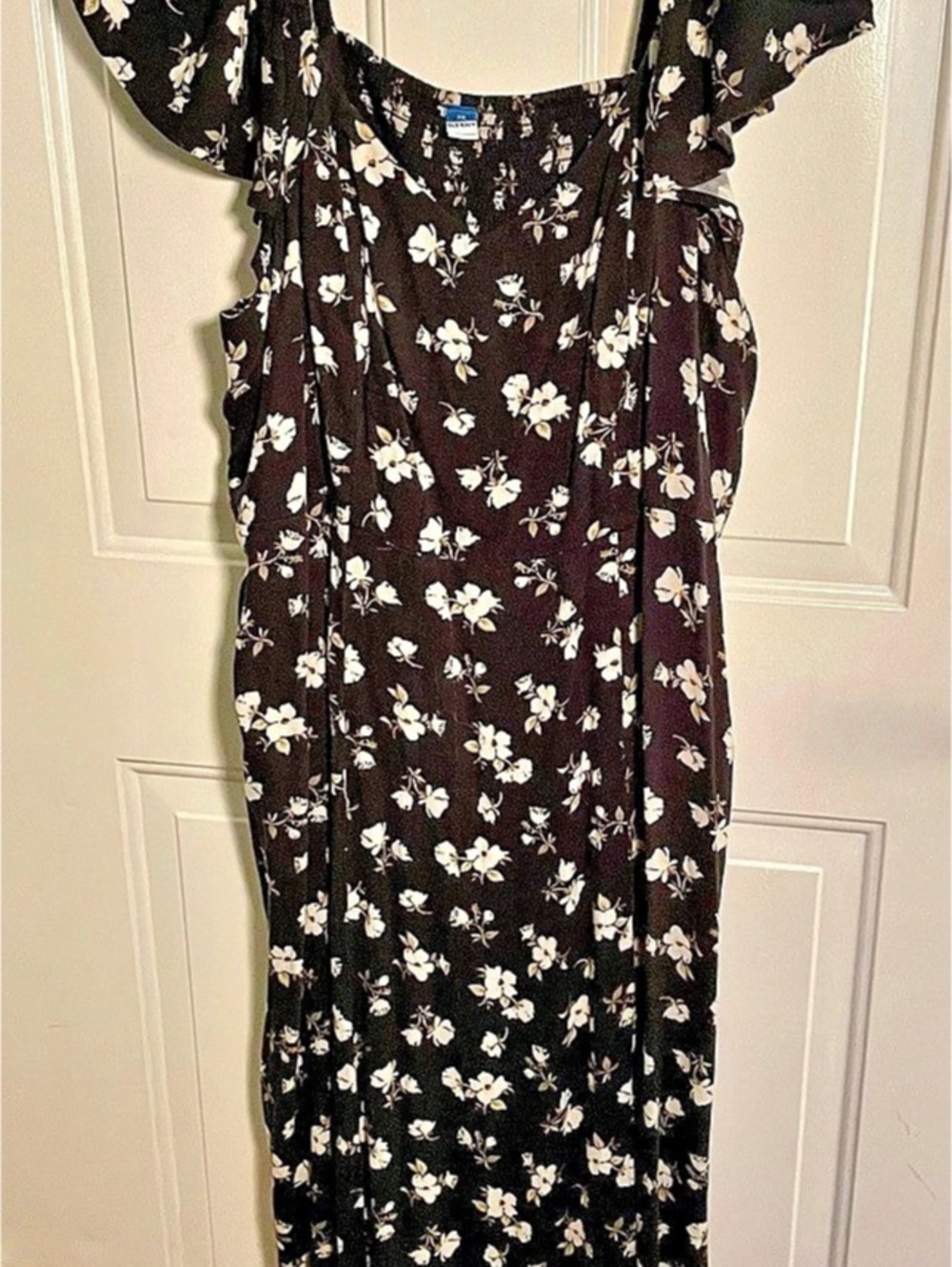 Old Navy 2X Black Cream Floral Puff Sleeve Midi Dress Cottagecore